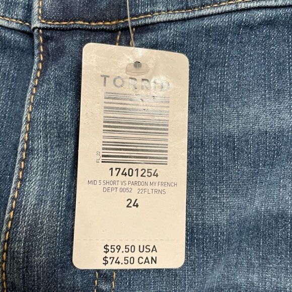Torrid 5 Inch Vintage Stretch Mid-Rise Short Blue Distressing Size 24 NWT - Picture 5 of 10